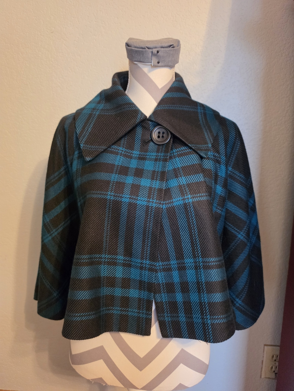 Express Teal and Black Plaid Cropped Cape Jacket
